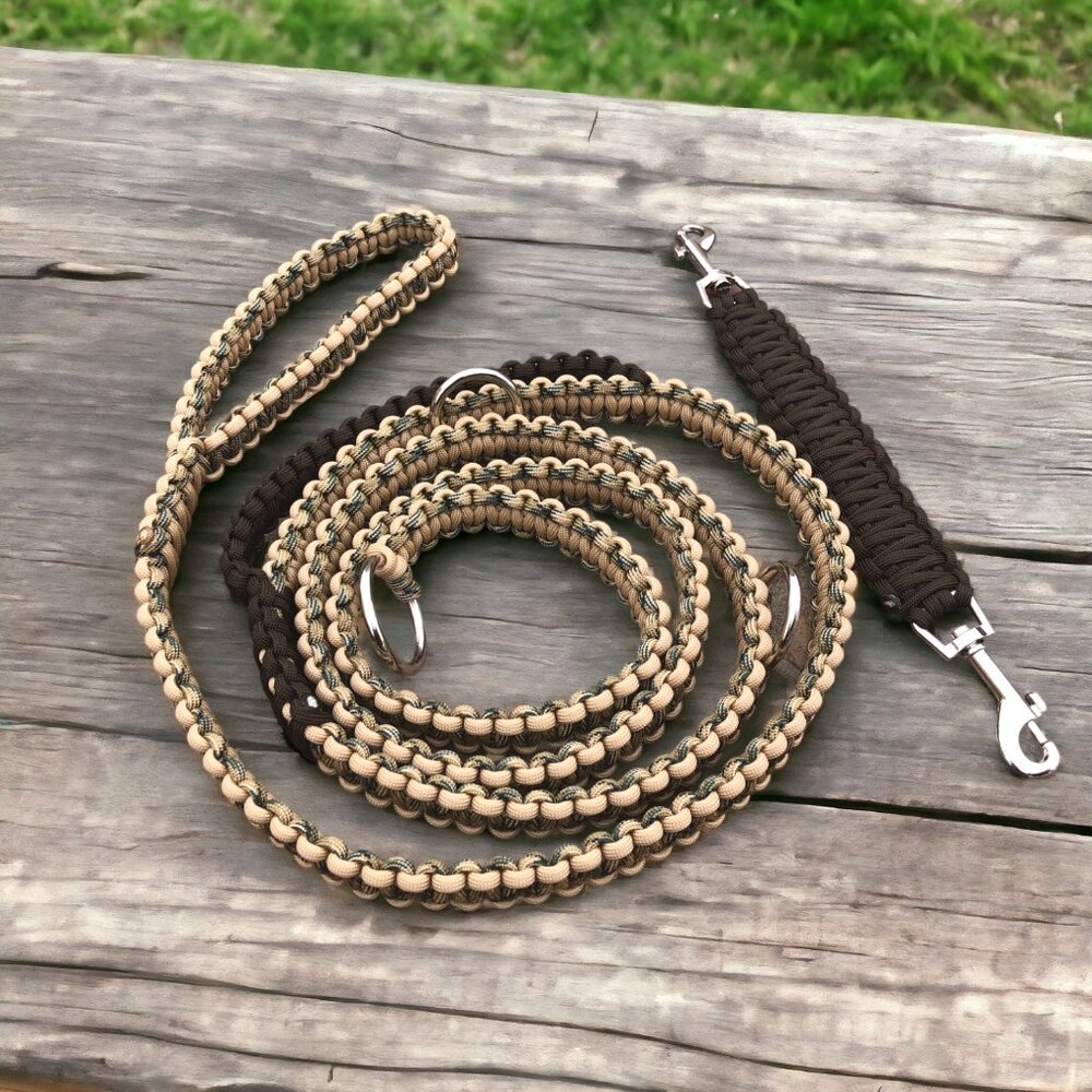 Dog Slip Lead with Safety ~ 78" Tri Camo Tan & Brown Paracord ~ New ~ Handmade